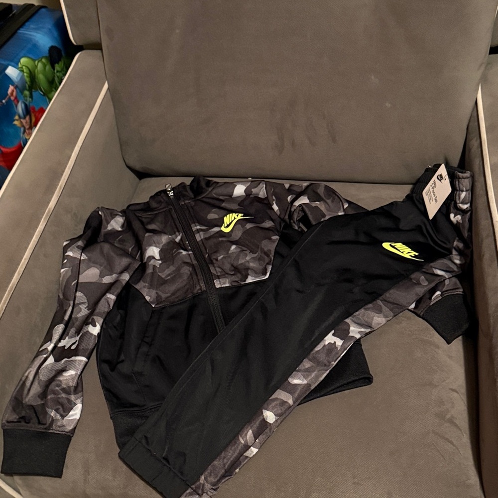 Nike Black & Gray Camo Tracksuit with Neon Yellow Swoosh
